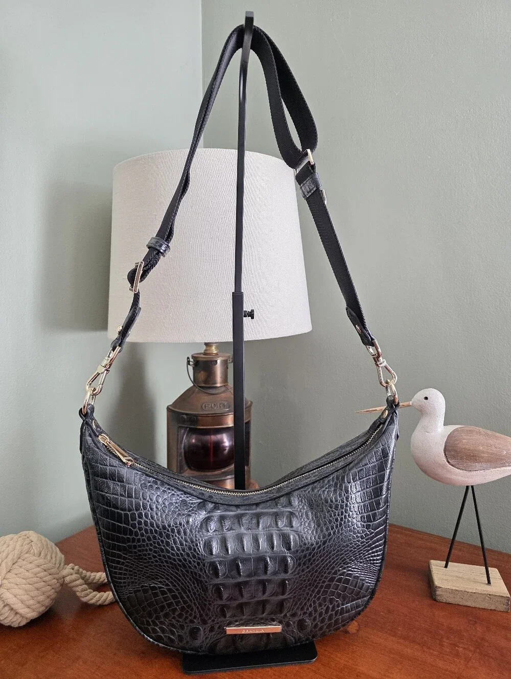 Brahmin Percy Black Alden Road Croc Embossed Crescent Crossbody Bag